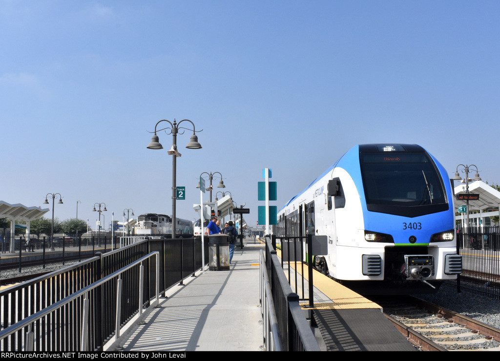 Eastbound awaiting departure at San Bernardino-Downtown Station-Stadler DMU Car # 3403 in the lead